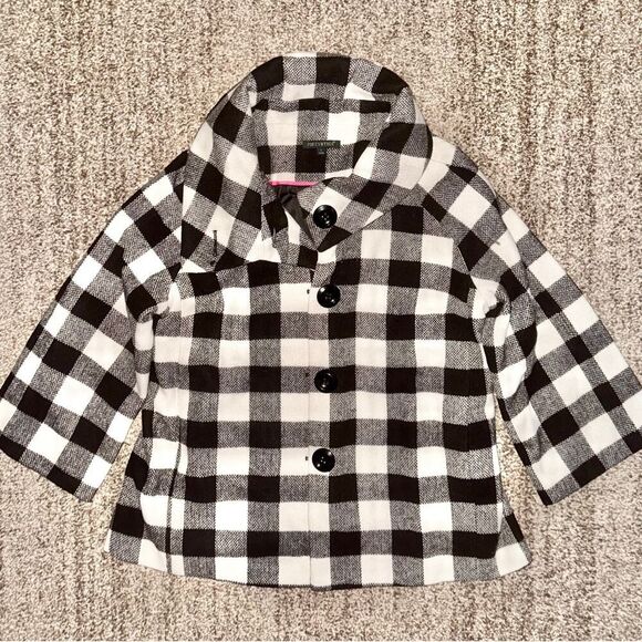 For Cynthia Women's Buffalo Plaid Button Short Pea Coat Jacket Black White Large - Picture 1 of 10